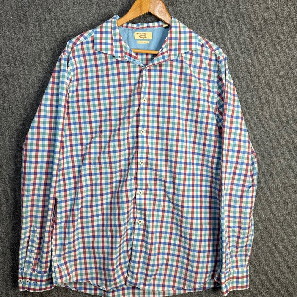 Original Penguin Mens Heritage Slim Fit Plaid Button Down Shirt Size 17 36/37